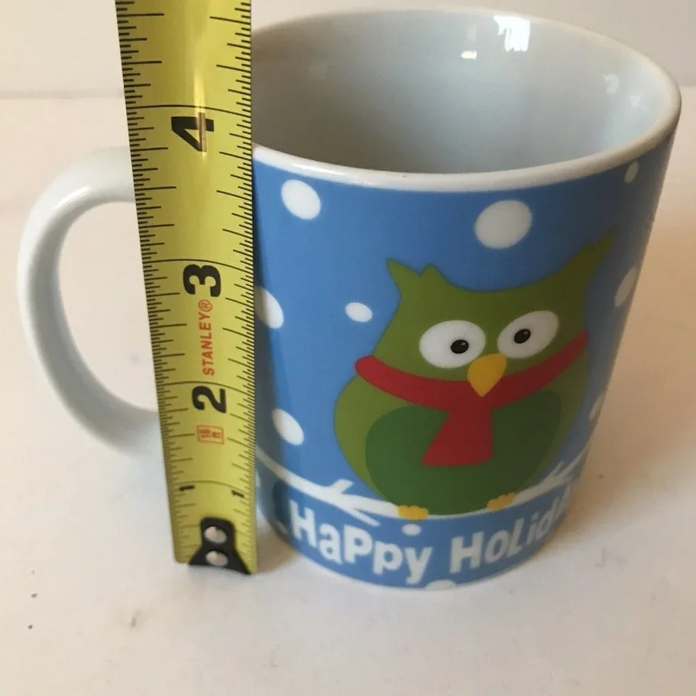 Pier One Happy Holiday Owls ceramic mug blue Christmas snow coffee‎ tea seasonal